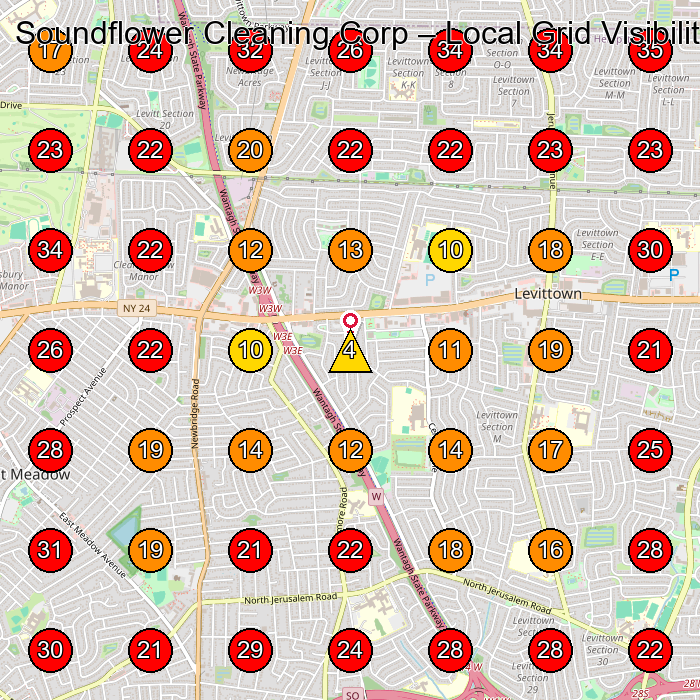 Soundflower Cleaning Corp GeoGrid visibility map for Commercial Cleaning Service in Hicksville